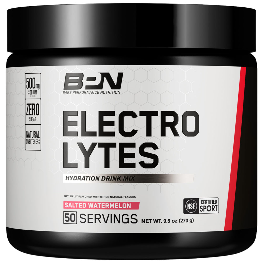 BARE PERFORMANCE NUTRITION envase frontal del sabor Sandía Salada con 50 servicios y beneficio de reposición