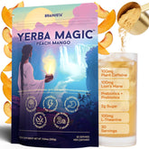 Brainista envase frontal de Yerba Magic mostrando diseño y sabor durazno-mango