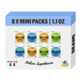 BRAMI pack frontal mostrando las cuatro variedades y beneficio portable