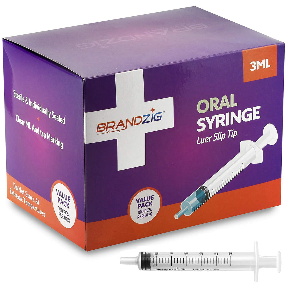 Brandzig caja de 100 jeringas 3 ml mostrando la marca y cantidad
