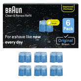 Braun clean & renew front packaging showing six replacement cartridges and benefits