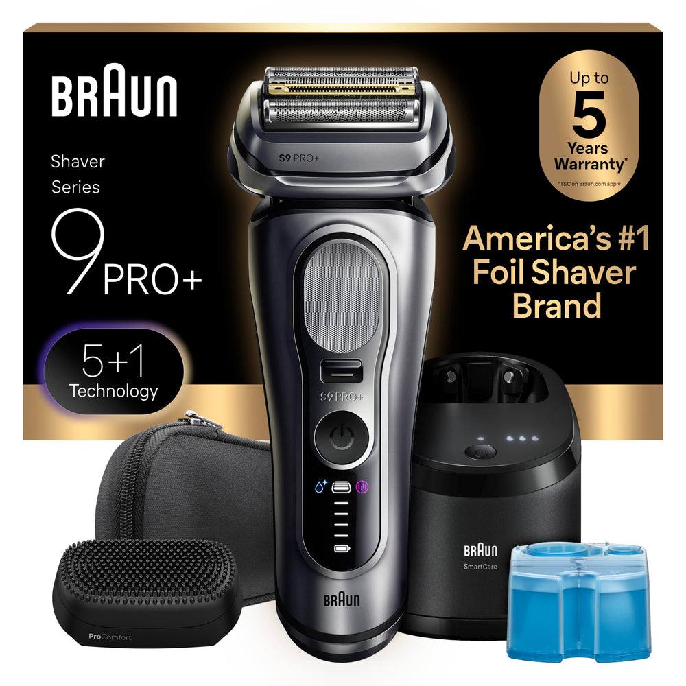 Braun Series 9 PRO front view showing sleek silver design and controls for premium look