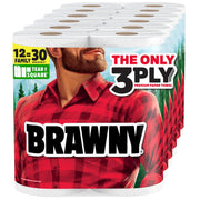 Brawny front packaging showing 12 XL family rolls and long-lasting supply benefit