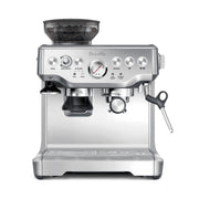 Breville Barista Express vista frontal elegante en acero, diseño profesional y duradero