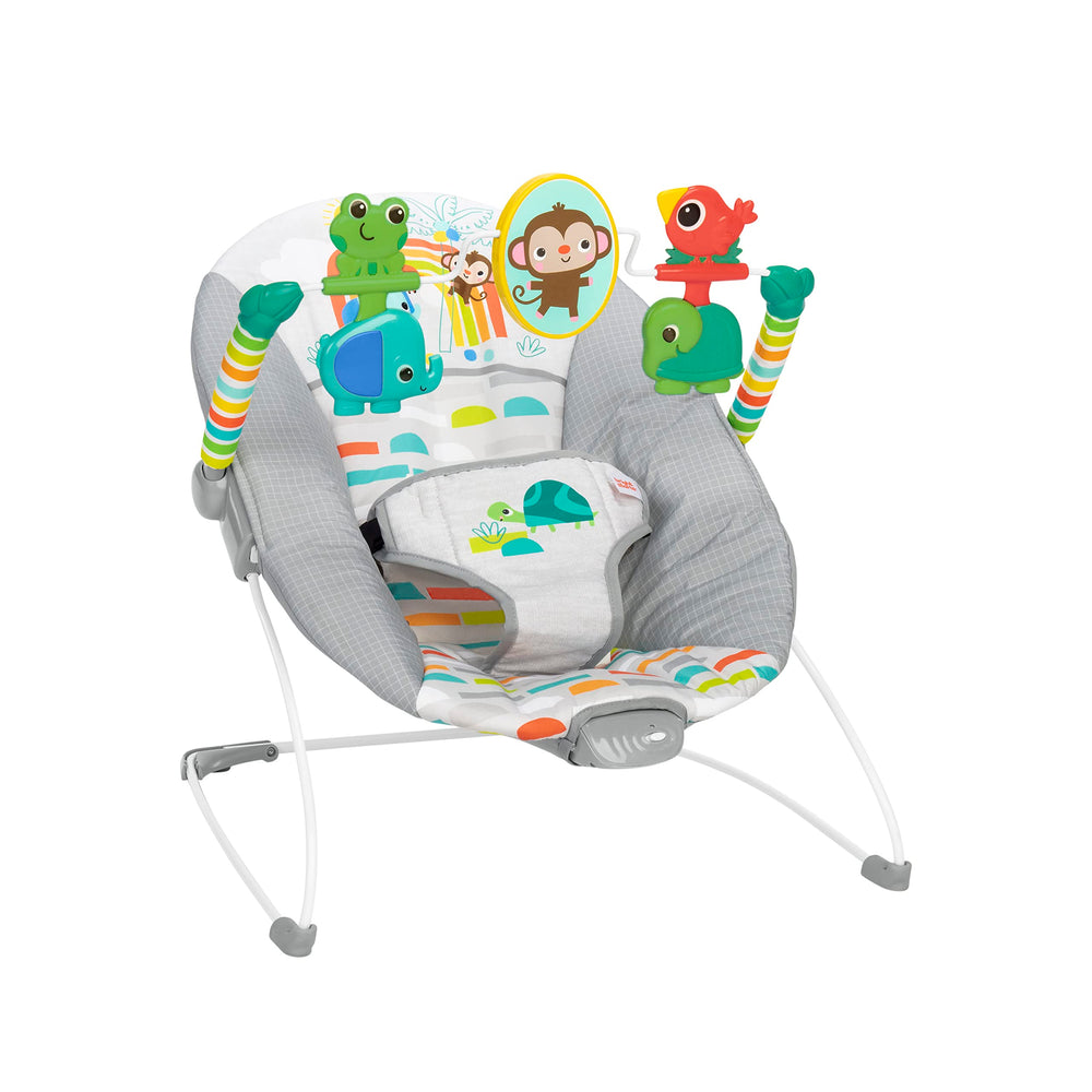 Bright Starts vista frontal del bouncer mostrando diseño y comodidad