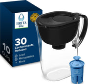 BRITA Everyday Elite front view showing sleek black pitcher and capacity benefit