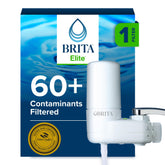 BRITA vista frontal del sistema montado en grifo con diseño blanco y ahorro de espacio