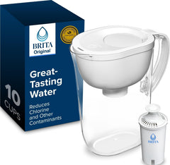 BRITA jarra frontal blanca mostrando capacidad de 10 tazas y facilidad de uso