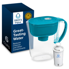 Brita jarra Metro frontal turquesa mostrando forma compacta y acceso rápido al agua