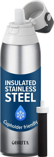 BRITA stainless steel bottle front view showing sleek design and durable finish