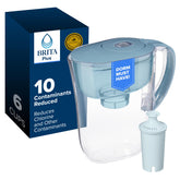 BRITA stone blue pitcher front view showing compact design and clear markings