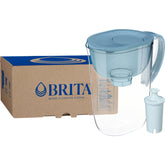 BRITA stone blue pitcher front view showing sleek silhouette and fridge-ready design