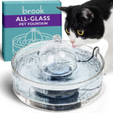 Brook front view showing elegant all-glass fountain and clear water benefits