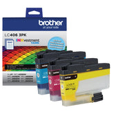 Brother LC406 front-packaging showing CMY three-pack and easy storage benefit
