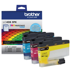 Brother LC406 front-packaging showing CMY three-pack and easy storage benefit