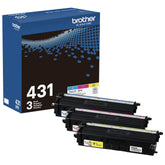 Brother TN-431 3PK front packaging showing cyan magenta yellow for easy identification