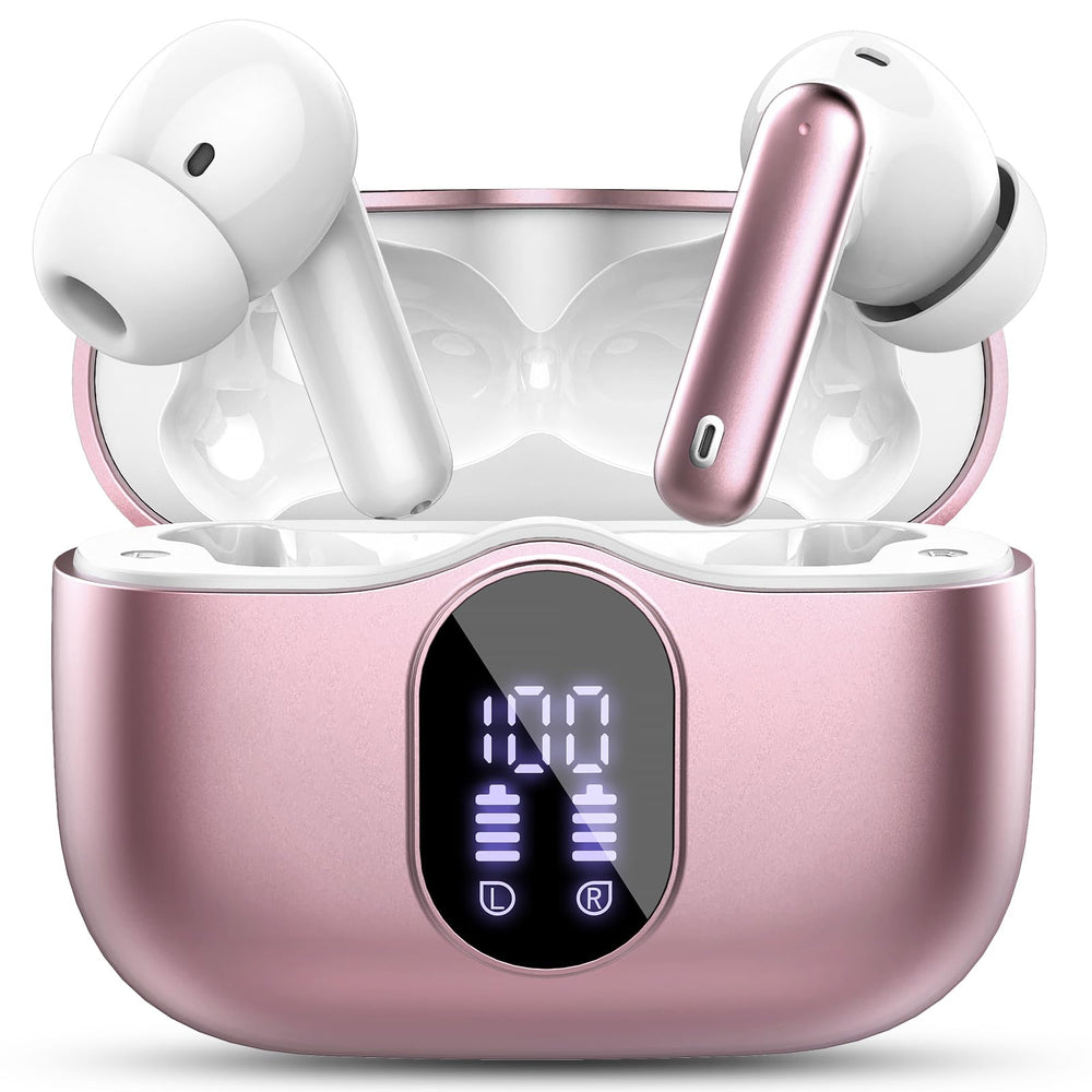 Btootos auriculares rosa dorado vista frontal elegante y compacta para estilo y confort