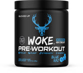 Bucked Up Woke frente del envase mostrando 30 servicios y sabor Blue Raspberry para energía