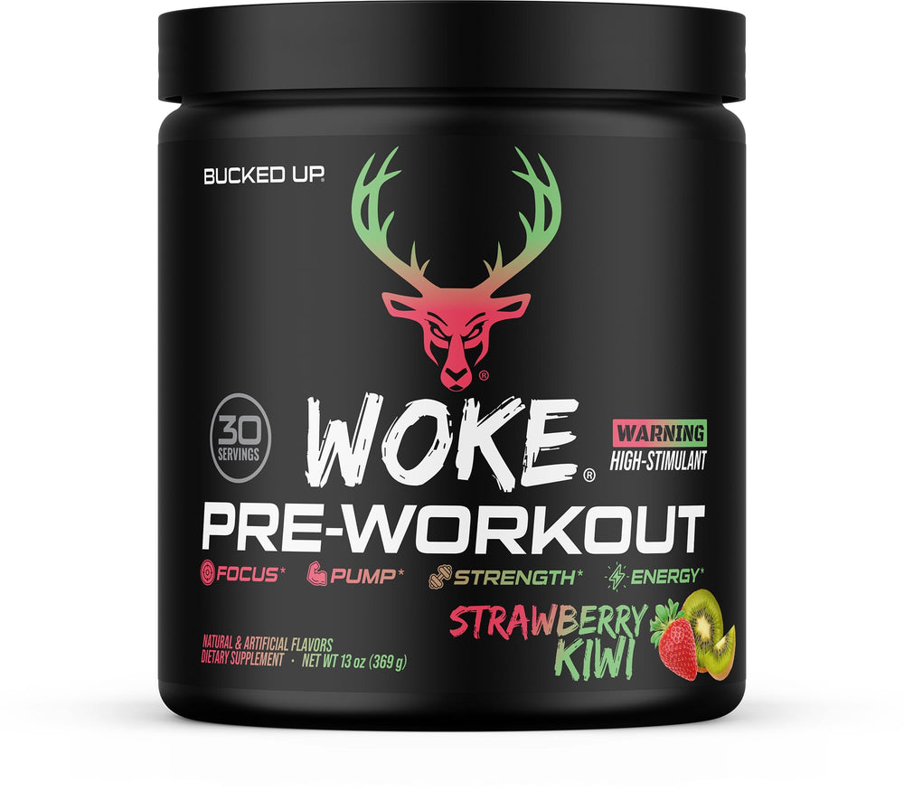 Bucked Up Woke front packaging showing Strawberry Kiwi flavor and 30 servings benefit