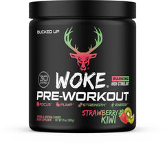 Bucked Up Woke front packaging showing Strawberry Kiwi flavor and 30 servings benefit
