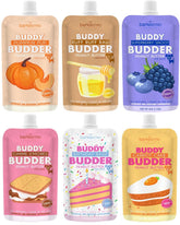BUDDY BUDDER front pouch display showing mixed flavors and convenient packaging benefit
