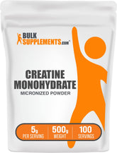 BulkSupplements envase frontal de creatina micronizada, presentación clara y profesional