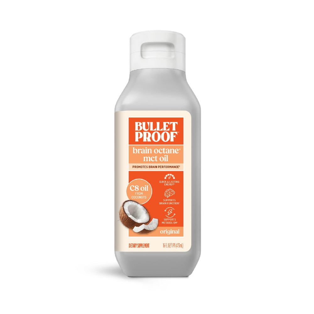 Bulletproof Brain Octane C8 vista frontal, botella 16 oz con aceite puro