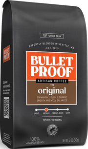 Bulletproof empaque frontal mostrando la bolsa y tamaño, transmite confianza