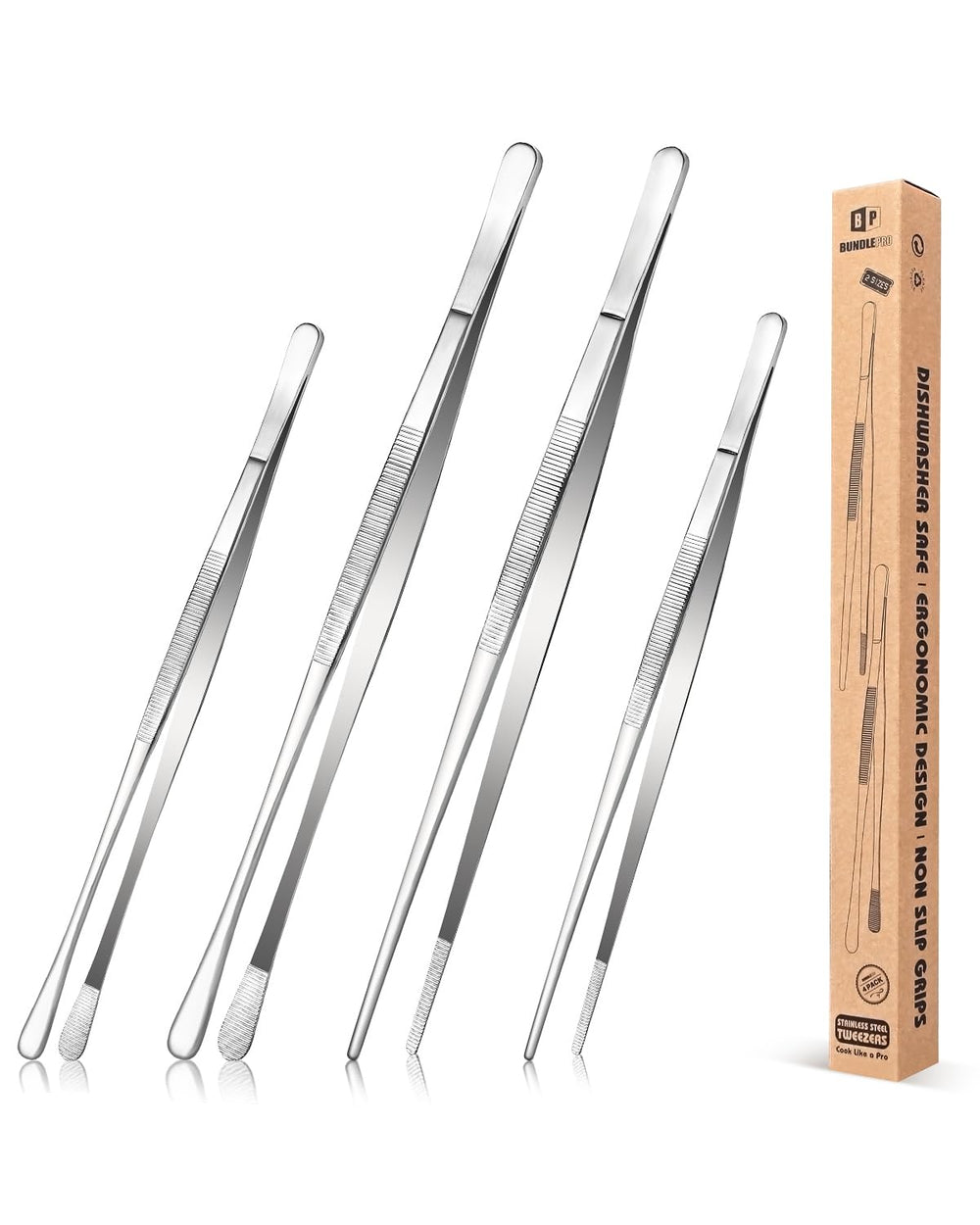BUNDLEPRO pinzas largas 4 piezas vista frontal, acero durable para cocina