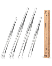 BUNDLEPRO pinzas largas 4 piezas vista frontal, acero durable para cocina