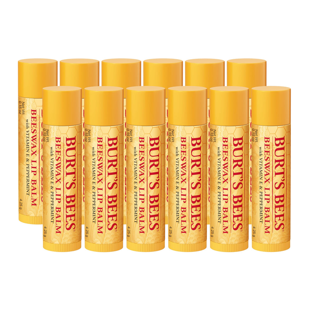 Burt's Bees frente del empaque muestra 12 tubos y conveniencia