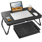BUYIFY front view of black foldable lap desk showing full tabletop and legs for compact workspace