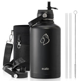 BUZIO front view showing bottle and included lids for durable hydration