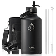 BUZIO front view showing bottle and included lids for durable hydration