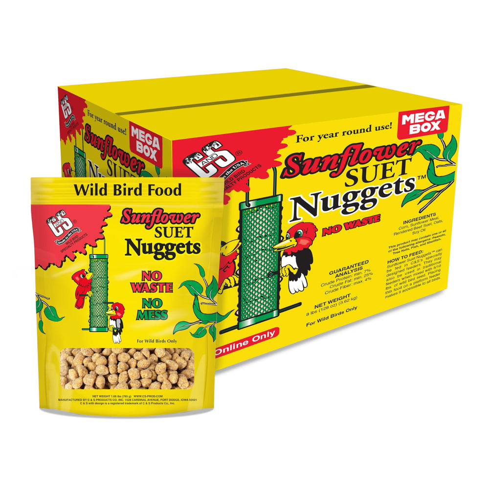 C&S paquete frontal de Sunflower Suet Nuggets mostrando peso y uso práctico
