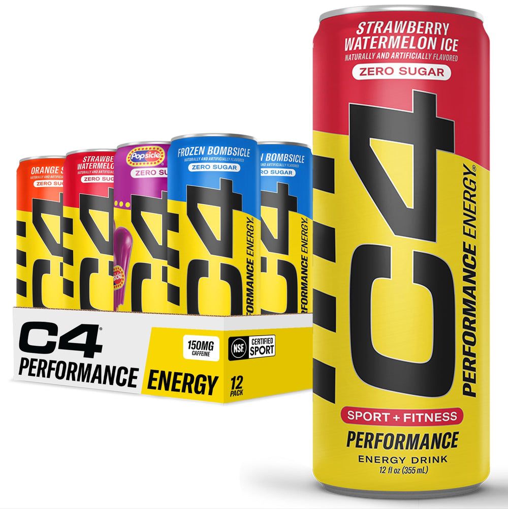 C4 lata frontal del variety pack mostrando diseño y energía