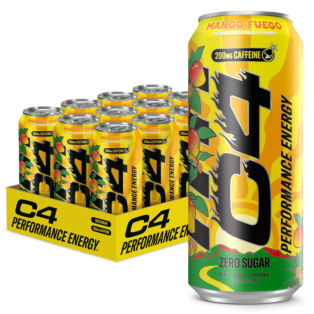 C4 Mango Fuego frente de lata mostrando diseño y energía concentrada