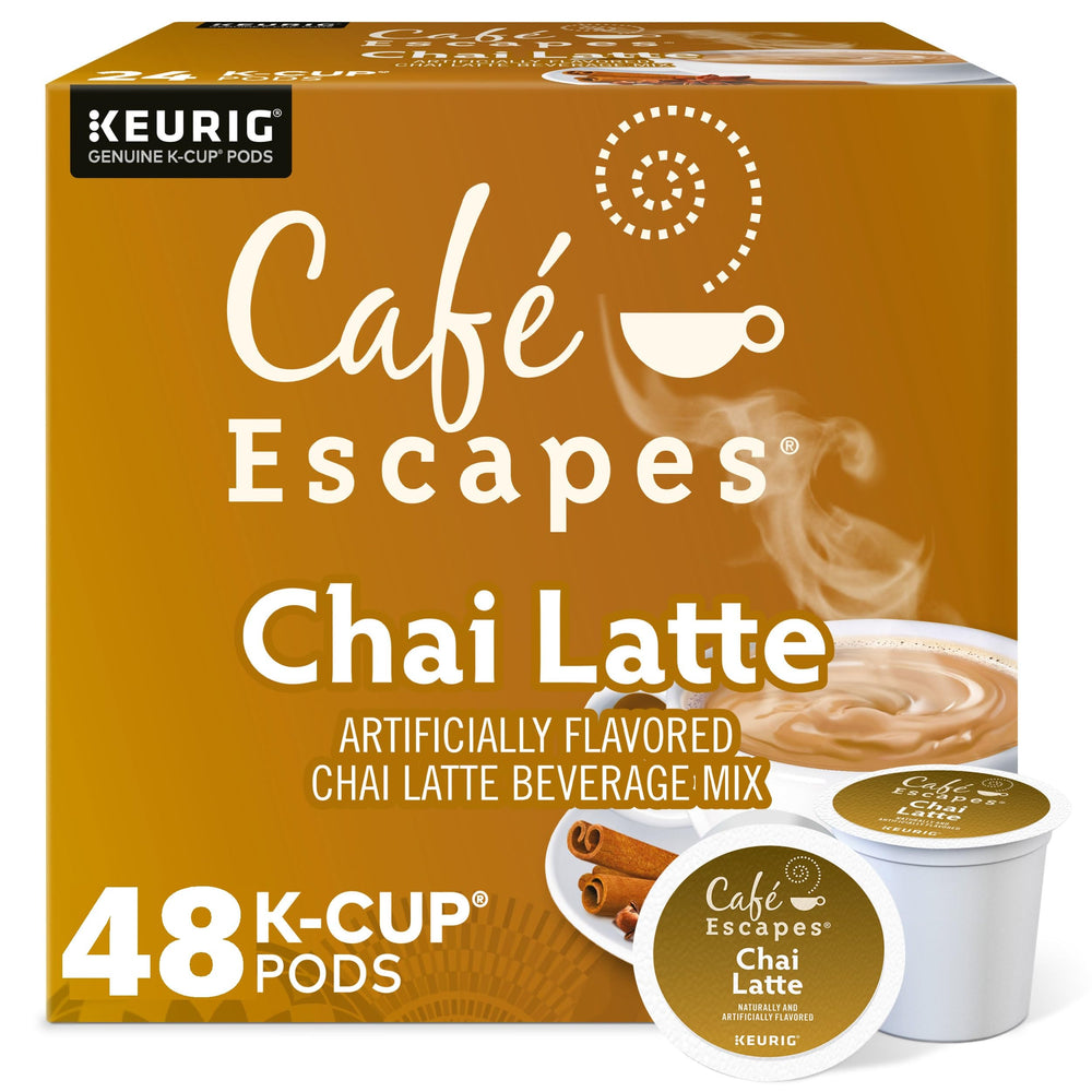 Café Escapes empaque frontal con dos cajas de 24 cápsulas para stock rápido