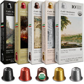 Café Romano front box showing 100-count variety pack and organic seal, freshness preserved
