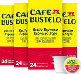 Café Bustelo front packaging showing 96-count supply and bold branding benefit convenience