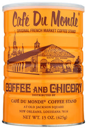 Cafe Du Monde vista frontal de lata 15 oz con etiqueta legible y almacenamiento seguro