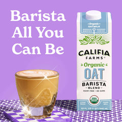Califia Farms detalle de etiqueta orgánica y certificaciones visibles, confianza y calidad