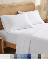 California Design Den packaging showing bright white queen sheet set and neat fold for easy unboxing