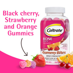Caltrate open bottle with assorted gummies visible for convenient daily use