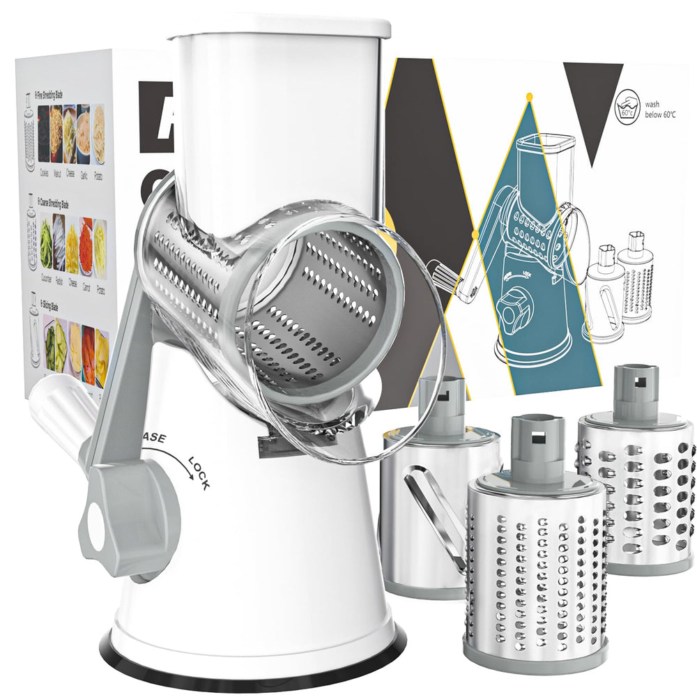 Cambom front view showing full white rotary cheese grater and handle benefit fast shredding