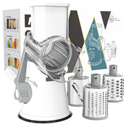 Cambom front view showing full white rotary cheese grater and handle benefit fast shredding