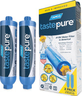 Camco Tastepure front packaging showing two inline RV filters and benefits