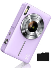 CAMKORY vista frontal de la cámara morada con diseño ergonómico y botones grandes