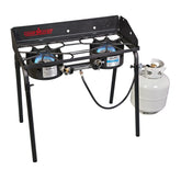 Camp Chef Explorer vista frontal mostrando quemadores y estructura, ideal para cocinar al aire libre