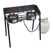 Camp Chef Explorer vista frontal mostrando quemadores y estructura, ideal para cocinar al aire libre